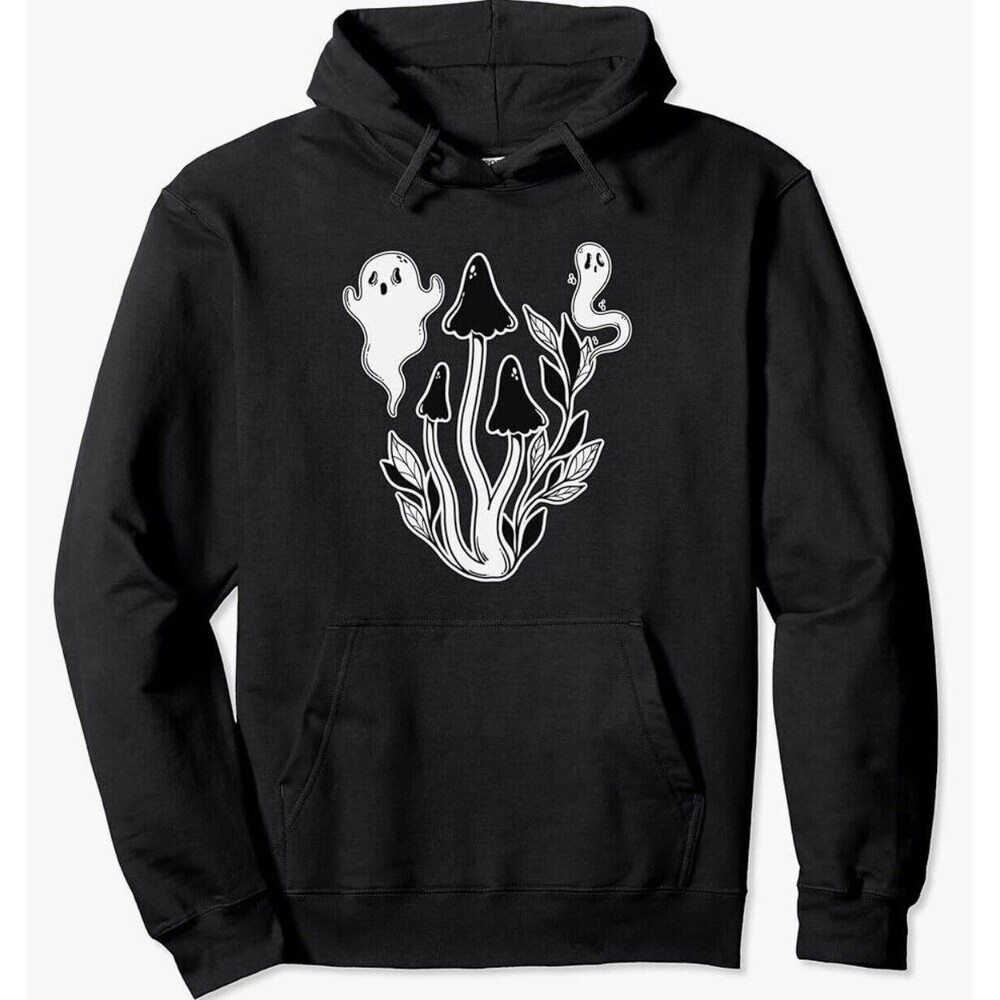 Shrooms And Ghosts Black‎ White Hoodie Medium Mushroom Paranormal Psychedelic